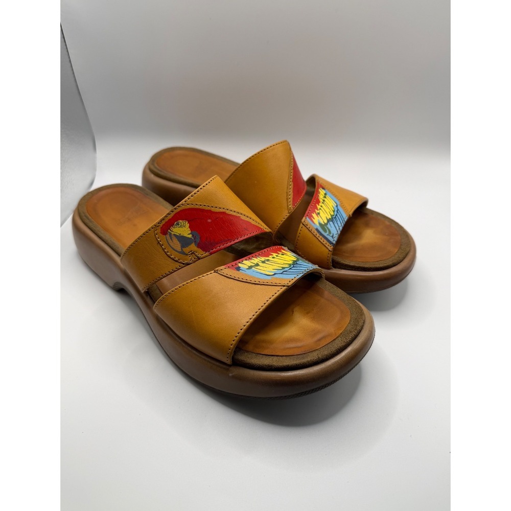 Dansko Slide Sandals Womens 38 Tan Leather Good Hand Painted Parrot Wedge